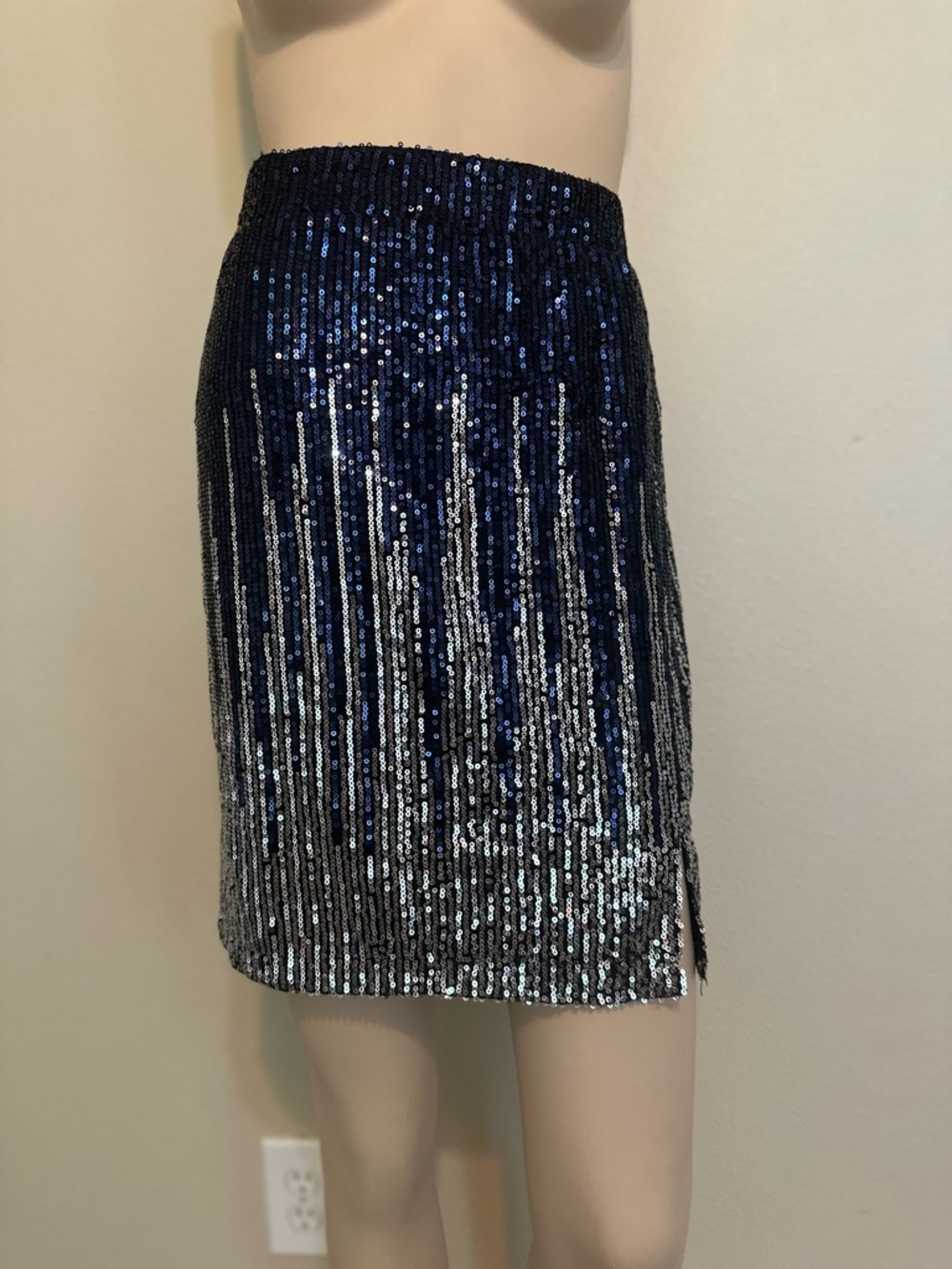 Sequin Ombre Mini Skirt Navy Blue Silver Sparkle Holiday Party Side Slit